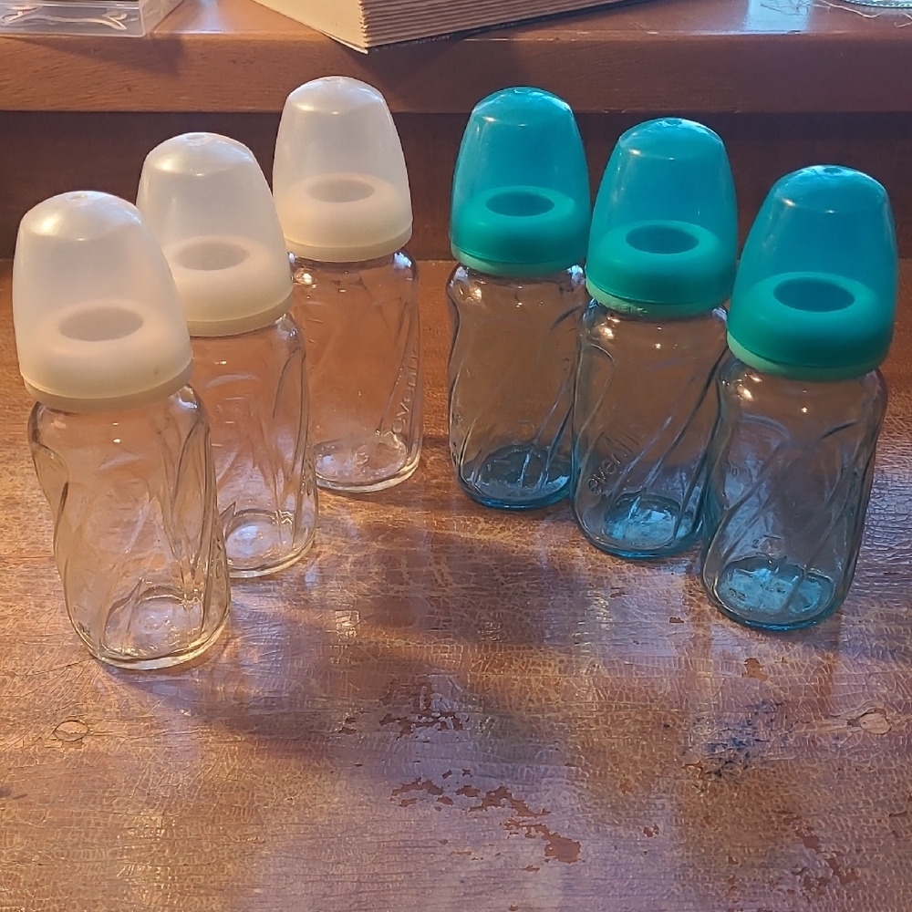Set of 6 Evenflo 4oz Classic Glass Baby Bottles with White and Teal Caps